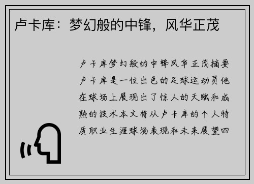 卢卡库：梦幻般的中锋，风华正茂